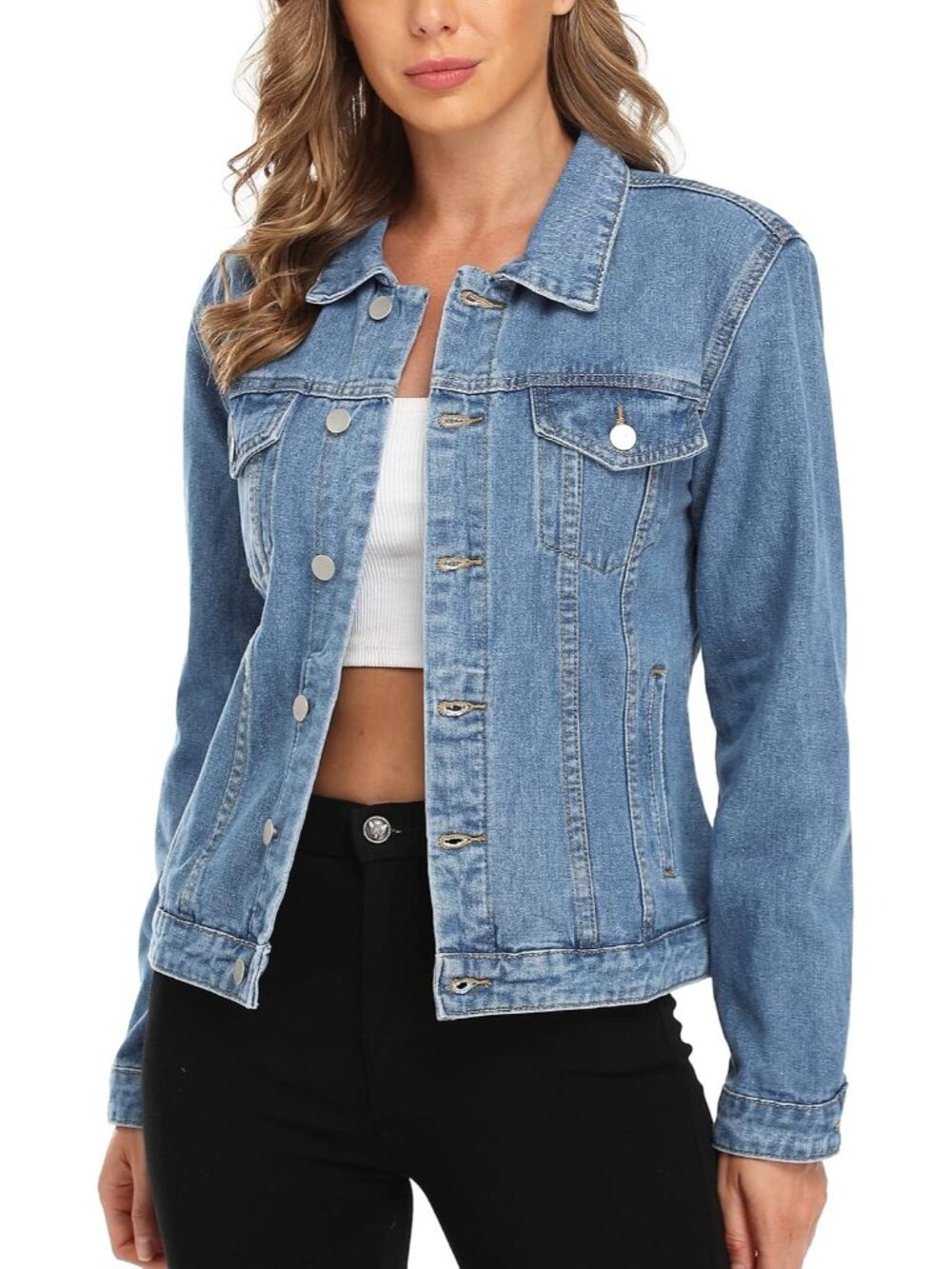 〽️Mid Blue Women's Jean Jacket Long Sleeve Button Front Casual Denim Coat